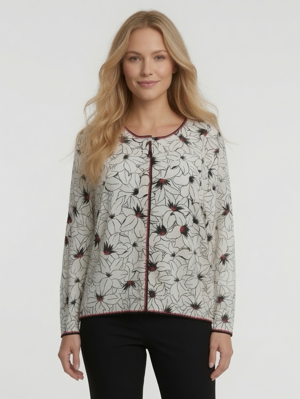 Talbots Floral Print Crewneck Cardigan with Contrast Trim - Cream, Black, Sz XL